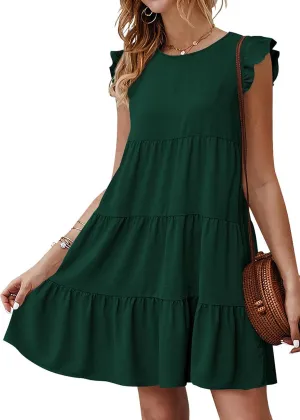 KIRUNDO Women's Summer Dresses Sleeveless Ruffle Sleeve Round Neck Solid Loose Short Flowy Pleated Mini Babydoll Dress