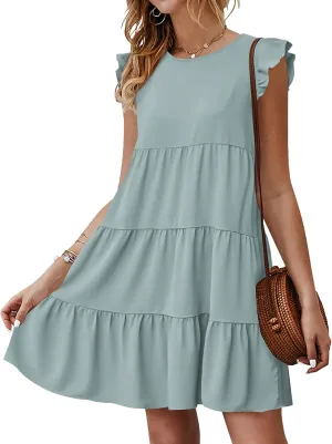 KIRUNDO Women's Summer Dresses Sleeveless Ruffle Sleeve Round Neck Solid Loose Short Flowy Pleated Mini Babydoll Dress