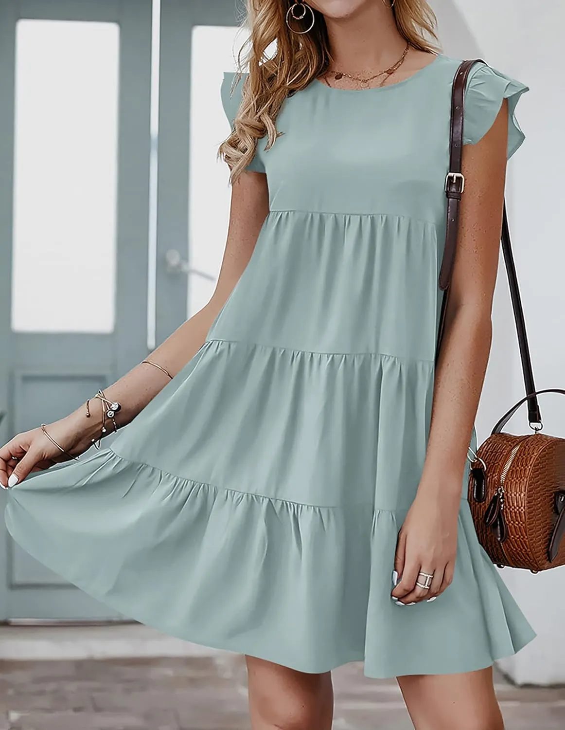 KIRUNDO Women's Summer Dresses Sleeveless Ruffle Sleeve Round Neck Solid Loose Short Flowy Pleated Mini Babydoll Dress