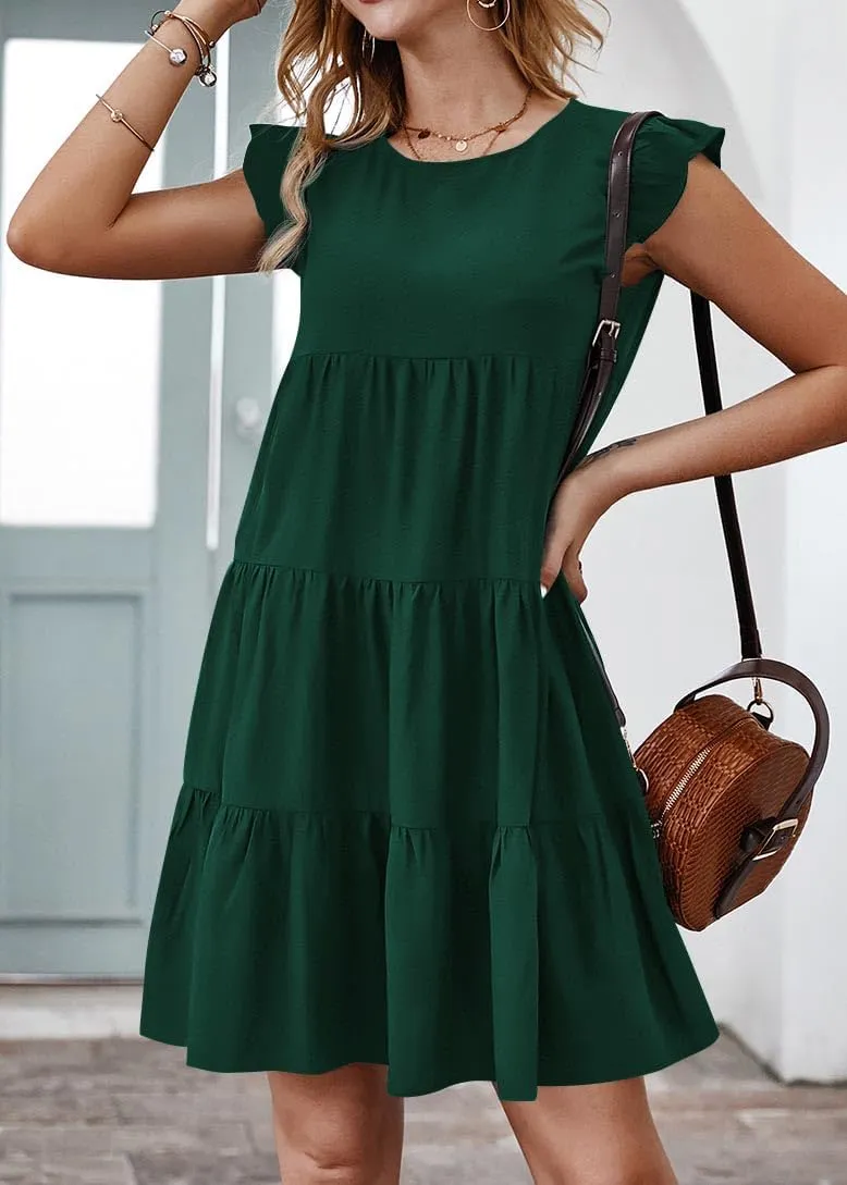 KIRUNDO Women's Summer Dresses Sleeveless Ruffle Sleeve Round Neck Solid Loose Short Flowy Pleated Mini Babydoll Dress