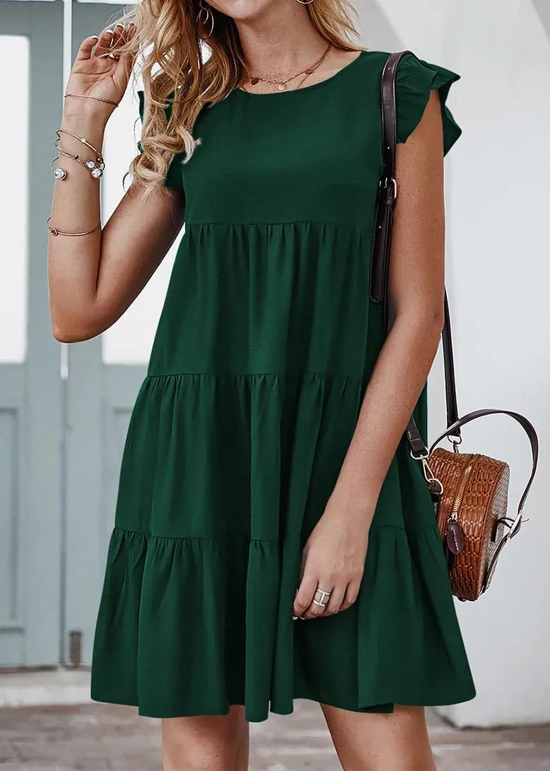 KIRUNDO Women's Summer Dresses Sleeveless Ruffle Sleeve Round Neck Solid Loose Short Flowy Pleated Mini Babydoll Dress