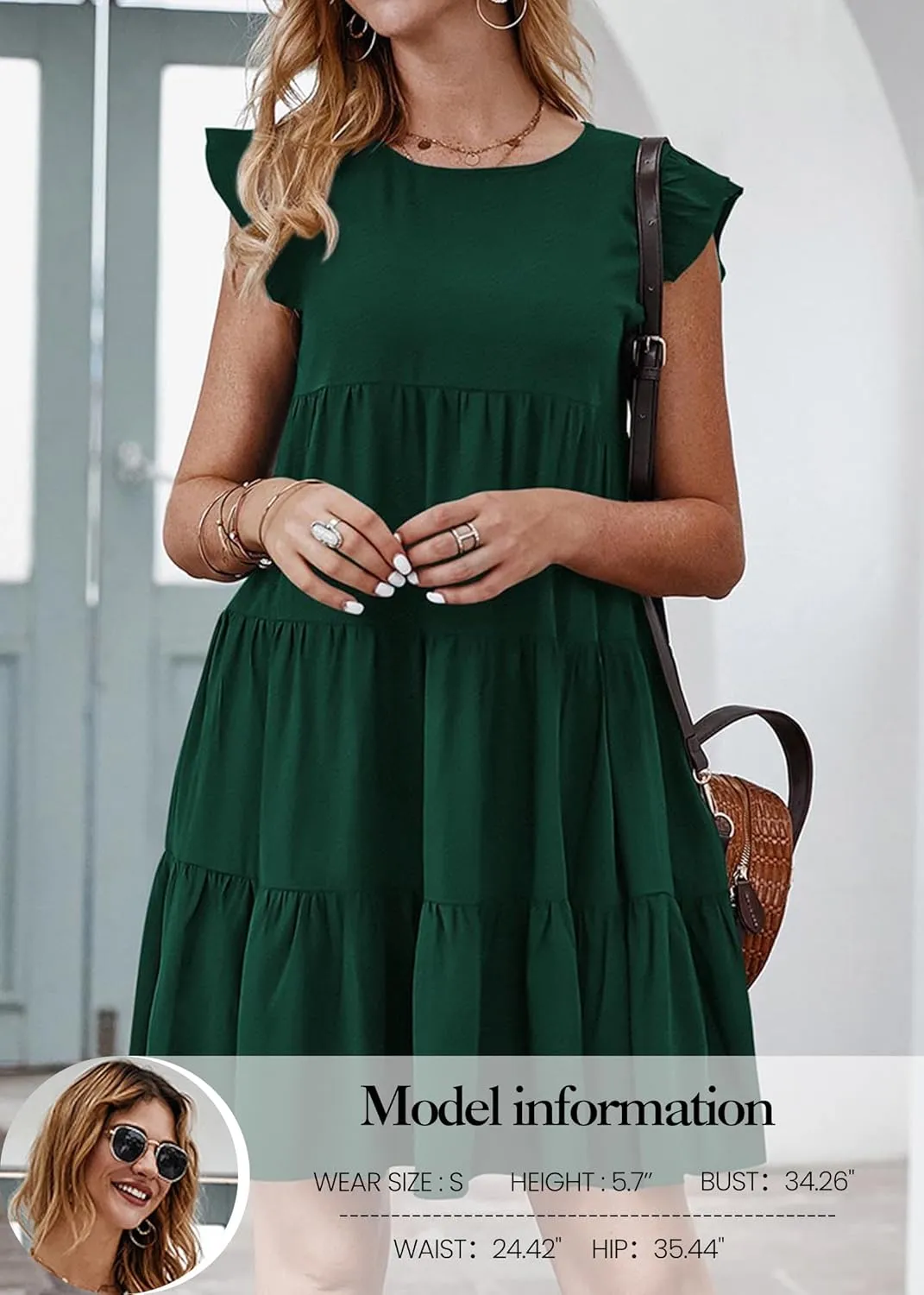 KIRUNDO Women's Summer Dresses Sleeveless Ruffle Sleeve Round Neck Solid Loose Short Flowy Pleated Mini Babydoll Dress