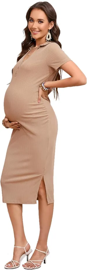 KOJOOIN Womens Maternity Dress V Neck Midi Dress Summer Short Sleeve Button Bodycon Dresses Ribbed Knit Sweater Nursing Dress