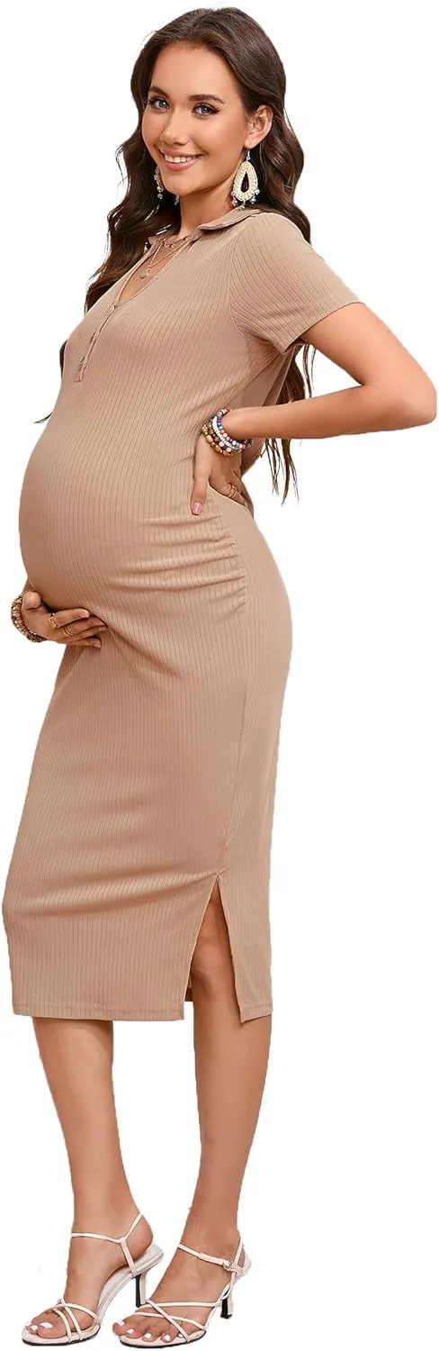 KOJOOIN Womens Maternity Dress V Neck Midi Dress Summer Short Sleeve Button Bodycon Dresses Ribbed Knit Sweater Nursing Dress