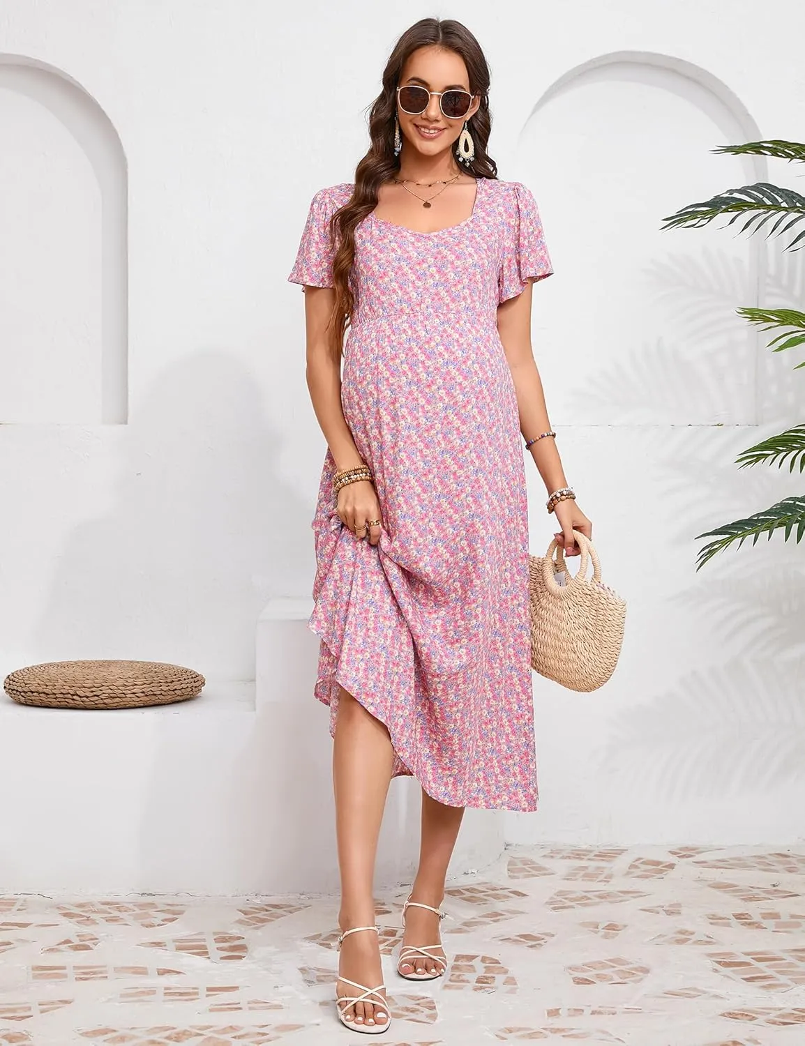 KOJOOIN Women's Maternity Short Sleeve Summer Dress Casual Sweetheart Tie Back Floral Maxi Dress Photoshoot Baby Shower