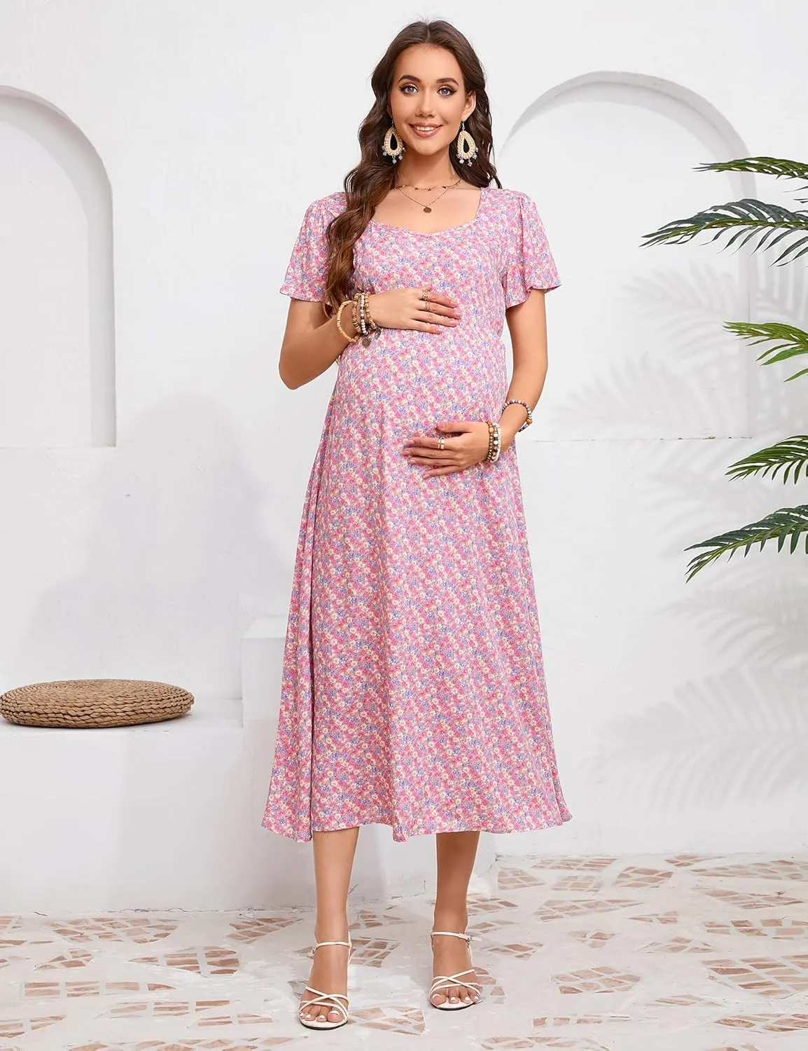 KOJOOIN Women's Maternity Short Sleeve Summer Dress Casual Sweetheart Tie Back Floral Maxi Dress Photoshoot Baby Shower