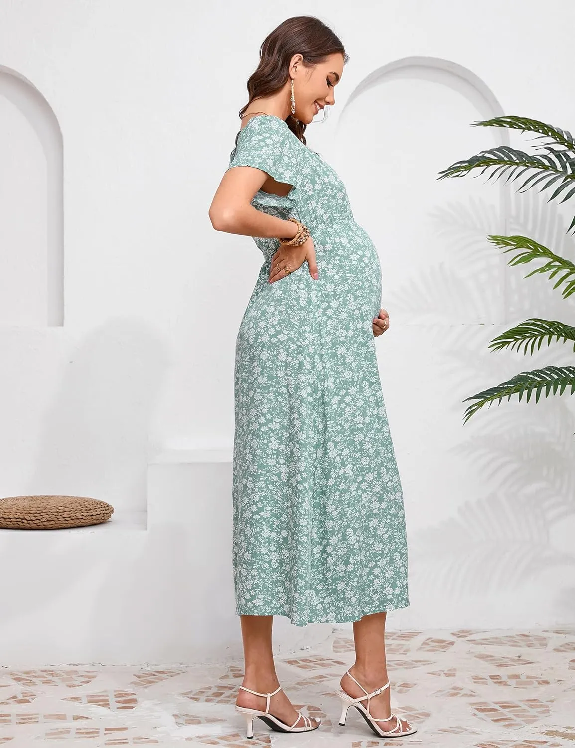 KOJOOIN Women's Maternity Short Sleeve Summer Dress Casual Sweetheart Tie Back Floral Maxi Dress Photoshoot Baby Shower