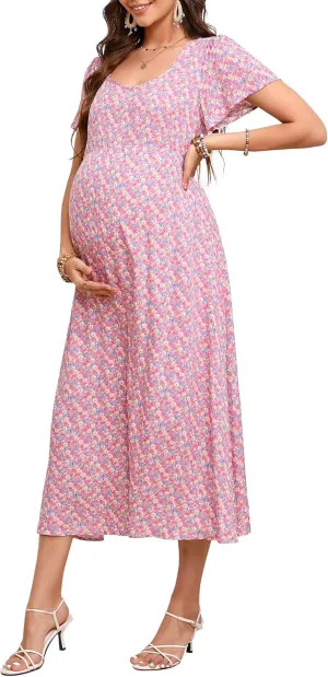KOJOOIN Women's Maternity Short Sleeve Summer Dress Casual Sweetheart Tie Back Floral Maxi Dress Photoshoot Baby Shower