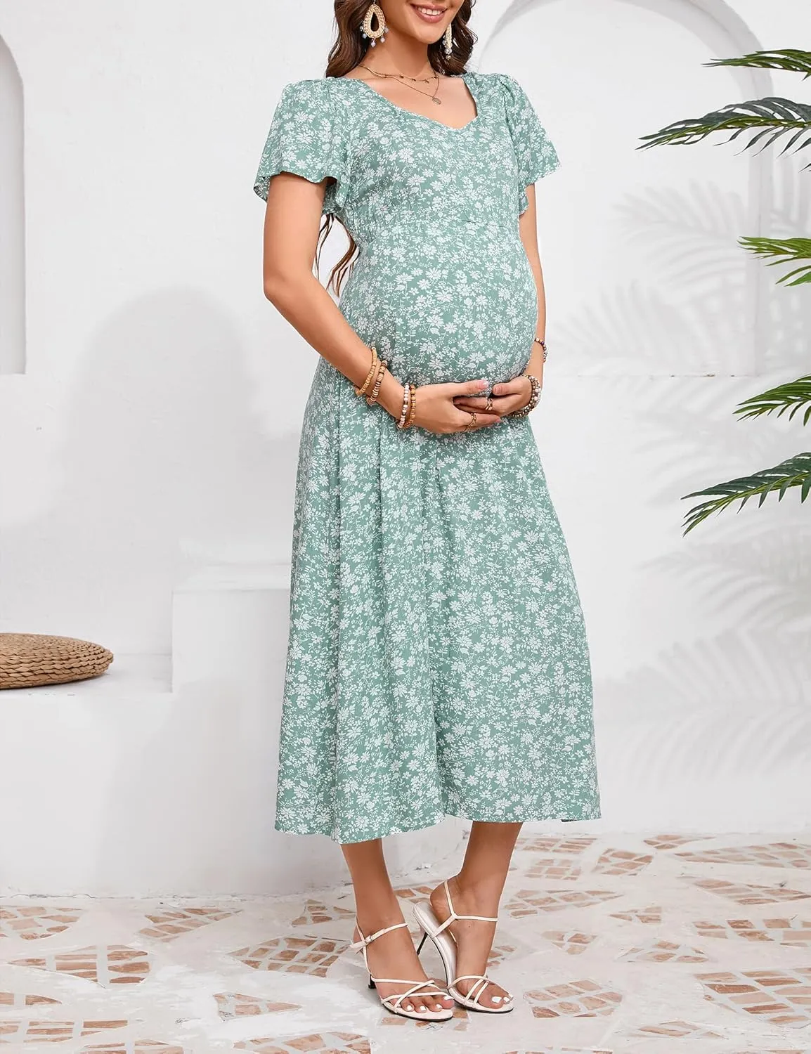 KOJOOIN Women's Maternity Short Sleeve Summer Dress Casual Sweetheart Tie Back Floral Maxi Dress Photoshoot Baby Shower