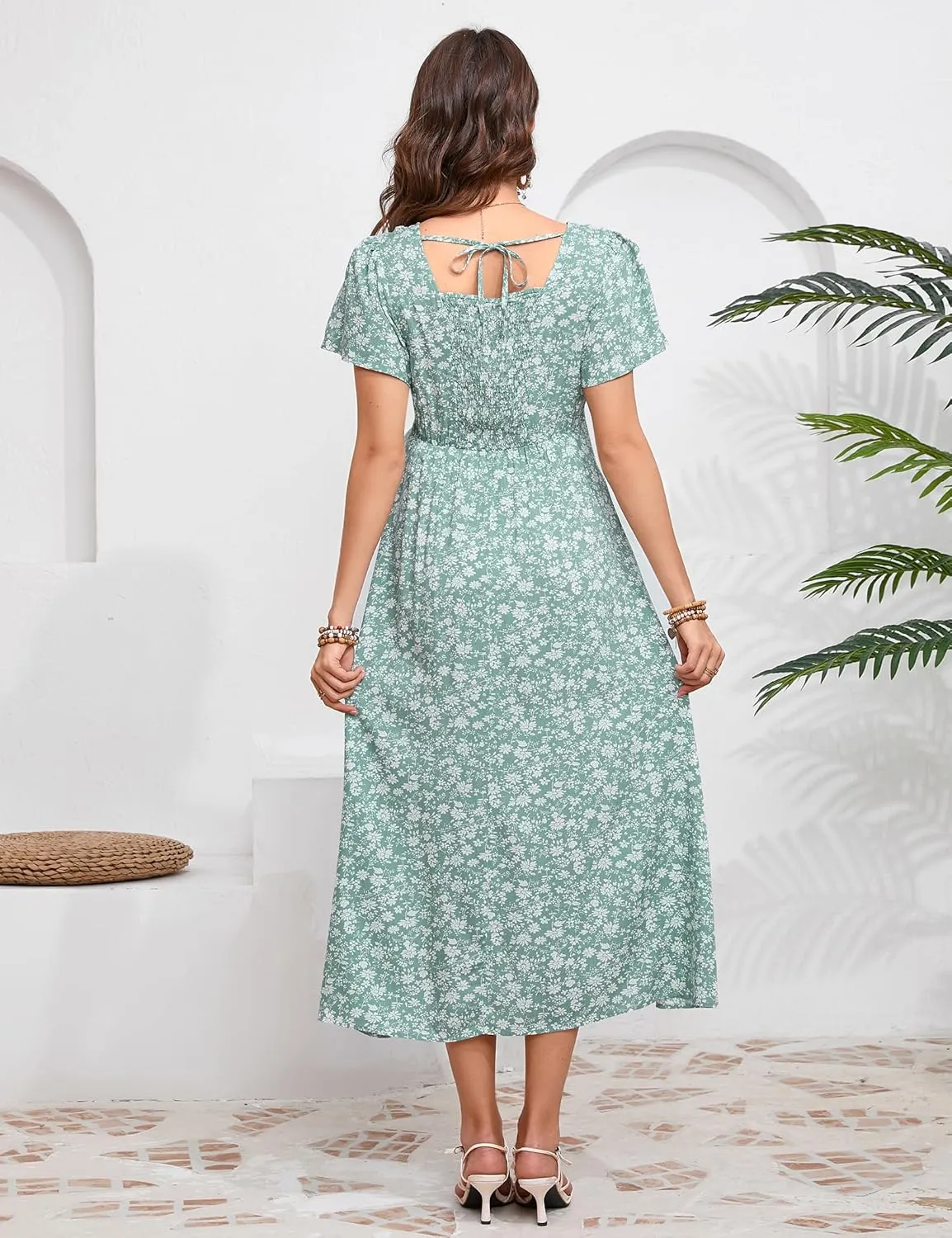 KOJOOIN Women's Maternity Short Sleeve Summer Dress Casual Sweetheart Tie Back Floral Maxi Dress Photoshoot Baby Shower