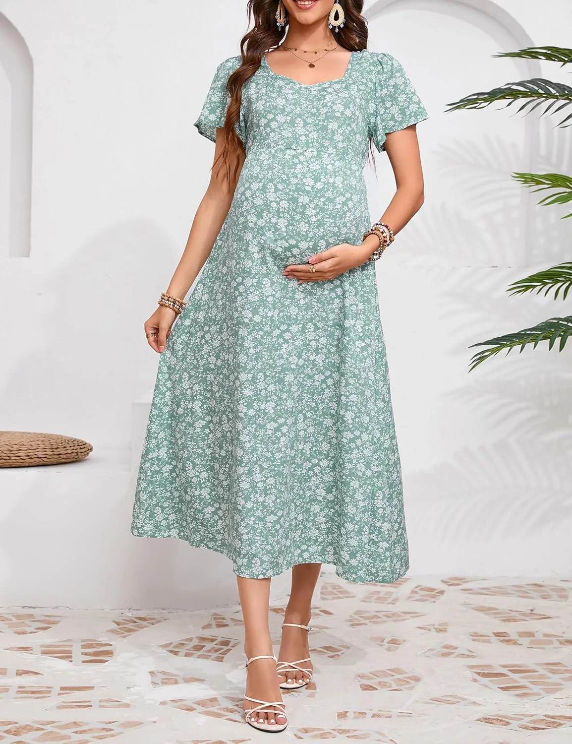 KOJOOIN Women's Maternity Short Sleeve Summer Dress Casual Sweetheart Tie Back Floral Maxi Dress Photoshoot Baby Shower