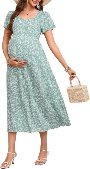 KOJOOIN Women's Maternity Short Sleeve Summer Dress Casual Sweetheart Tie Back Floral Maxi Dress Photoshoot Baby Shower
