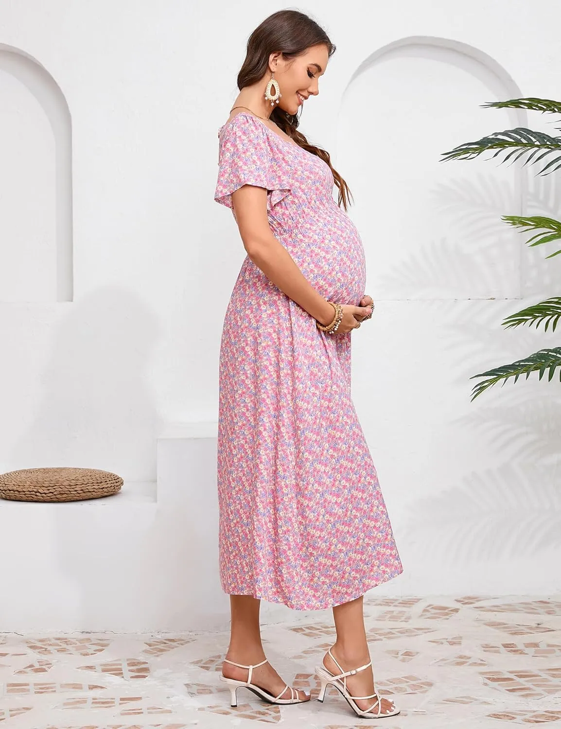 KOJOOIN Women's Maternity Short Sleeve Summer Dress Casual Sweetheart Tie Back Floral Maxi Dress Photoshoot Baby Shower