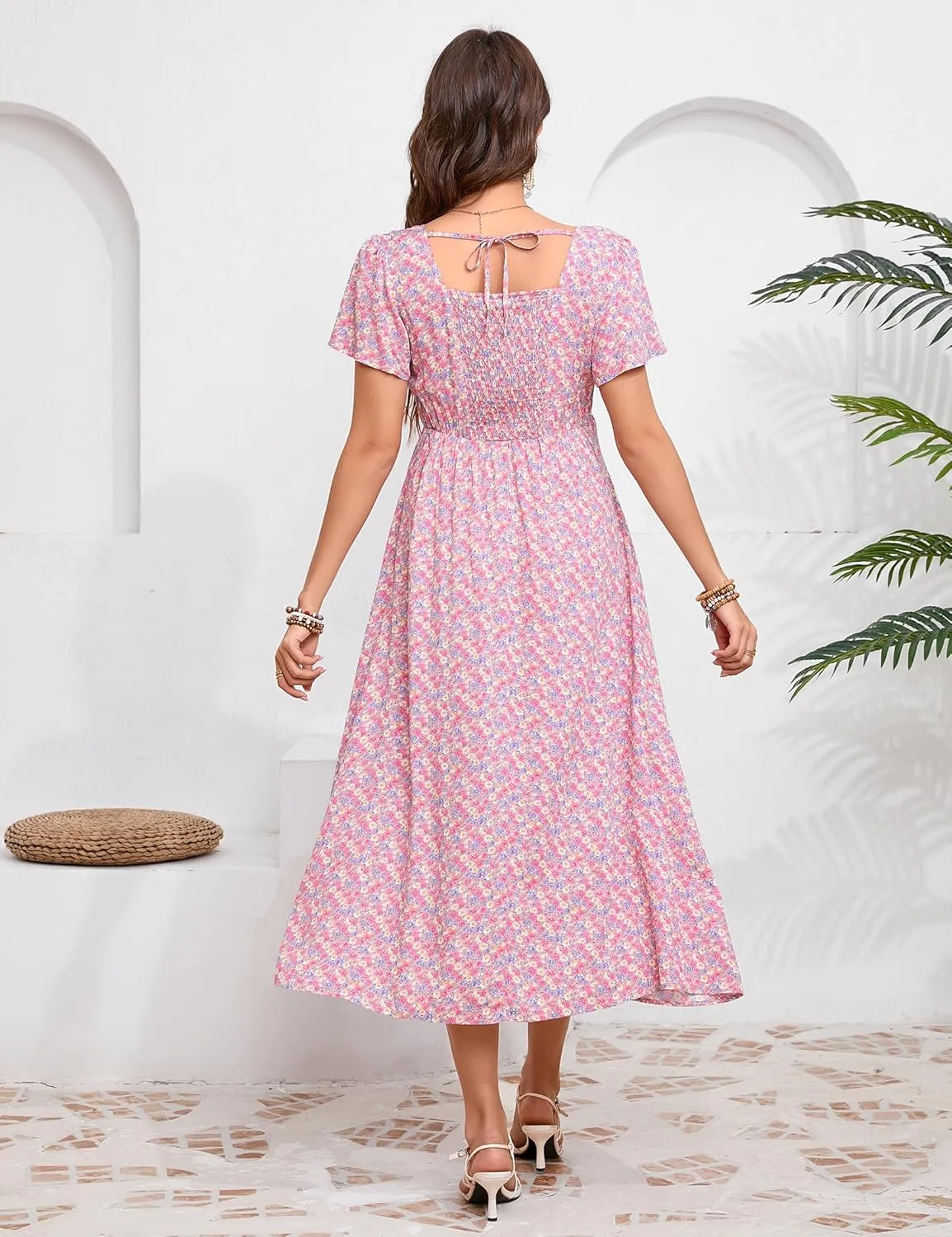 KOJOOIN Women's Maternity Short Sleeve Summer Dress Casual Sweetheart Tie Back Floral Maxi Dress Photoshoot Baby Shower