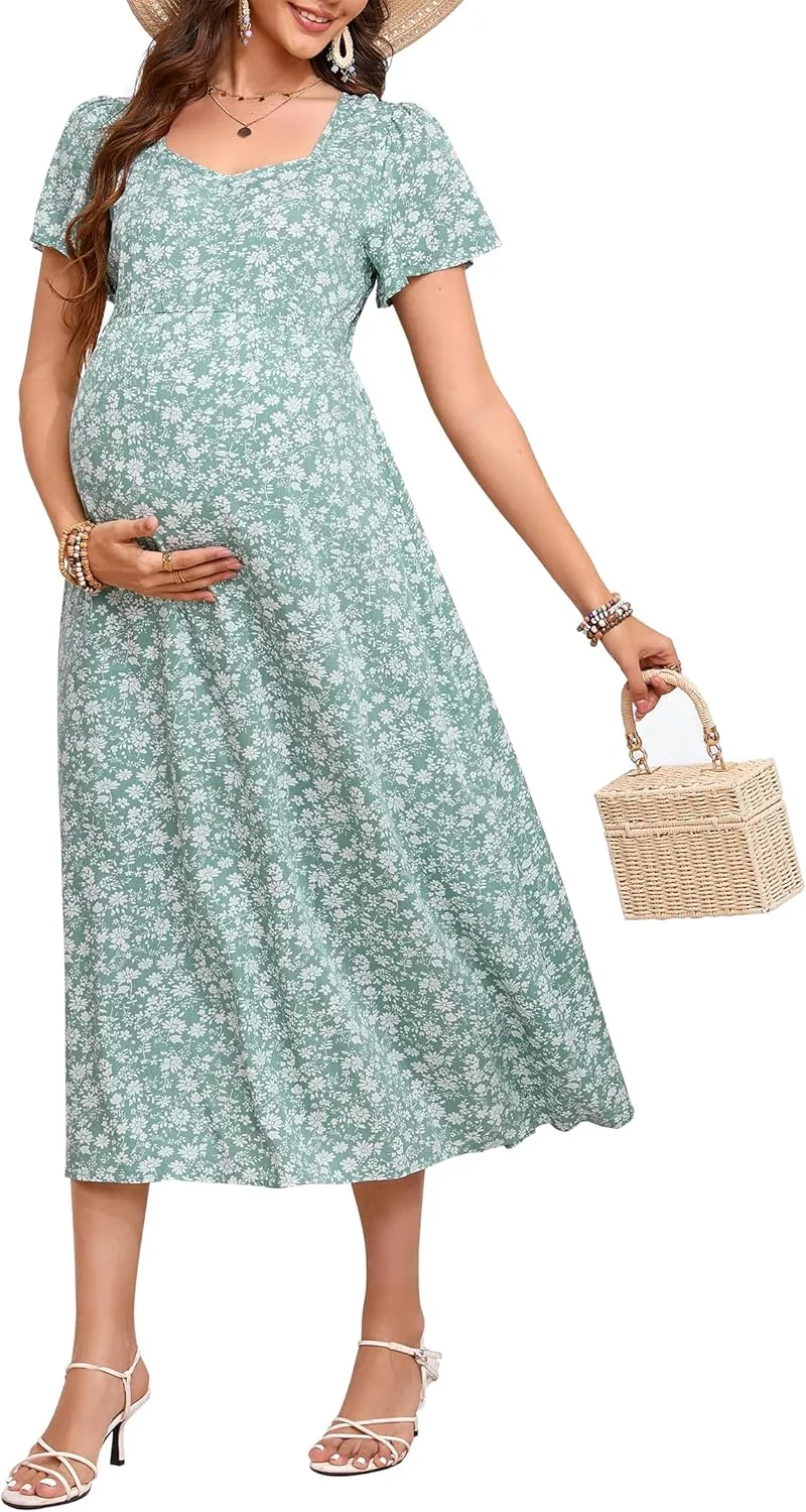 KOJOOIN Women's Maternity Short Sleeve Summer Dress Casual Sweetheart Tie Back Floral Maxi Dress Photoshoot Baby Shower