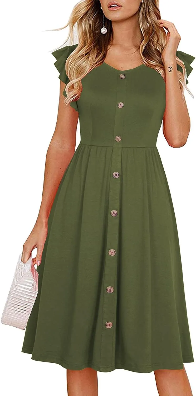 Lamilus Women's Casual Summer Dresses 2025 Ruffle Sleeves V-Neck Button Down Midi Swing Party Dress
