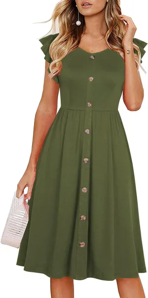 Lamilus Women's Casual Summer Dresses 2025 Ruffle Sleeves V-Neck Button Down Midi Swing Party Dress
