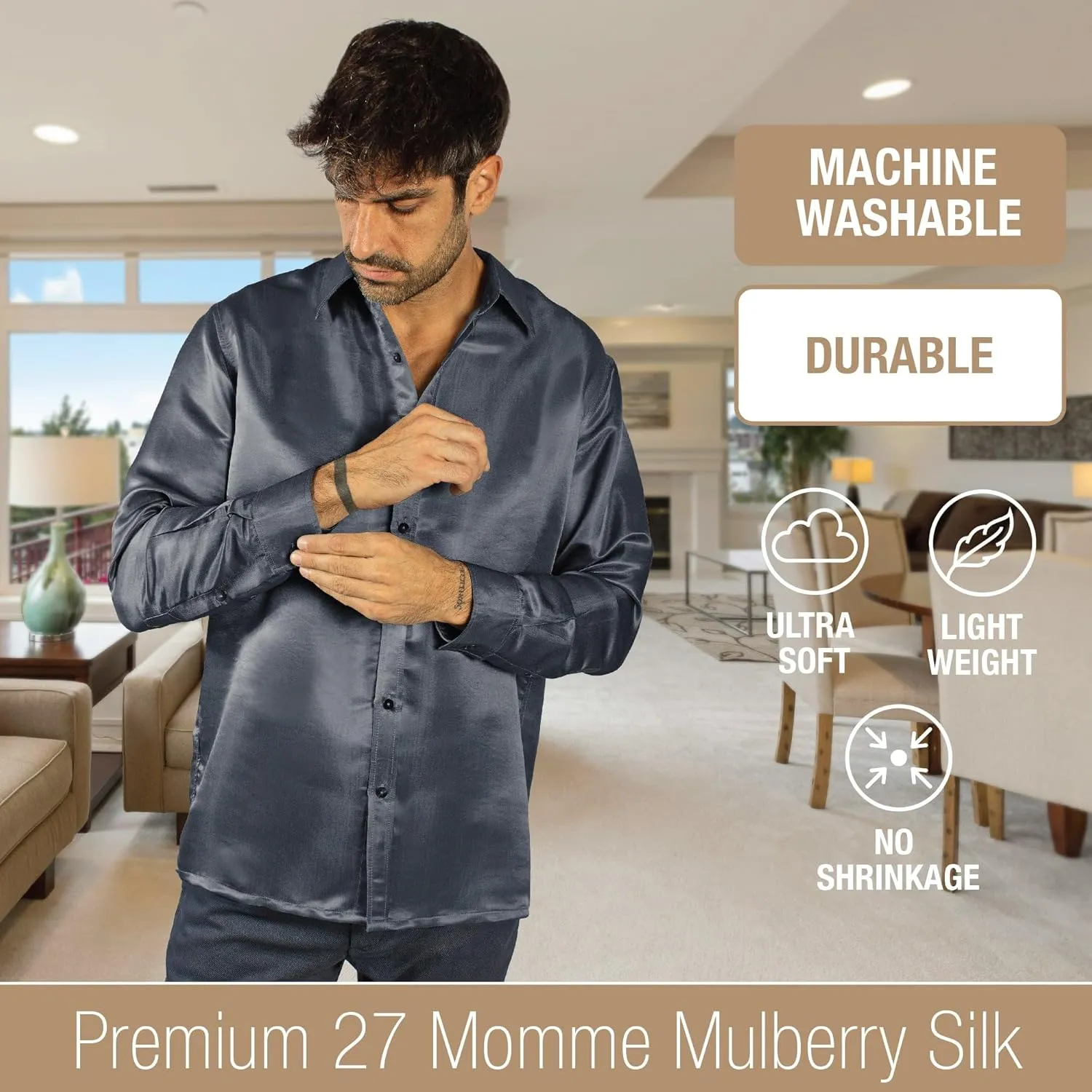 Luxury Artisan Silk Shirt for Men, Washable Pure Natural Silk 27 Mm Long Sleeves