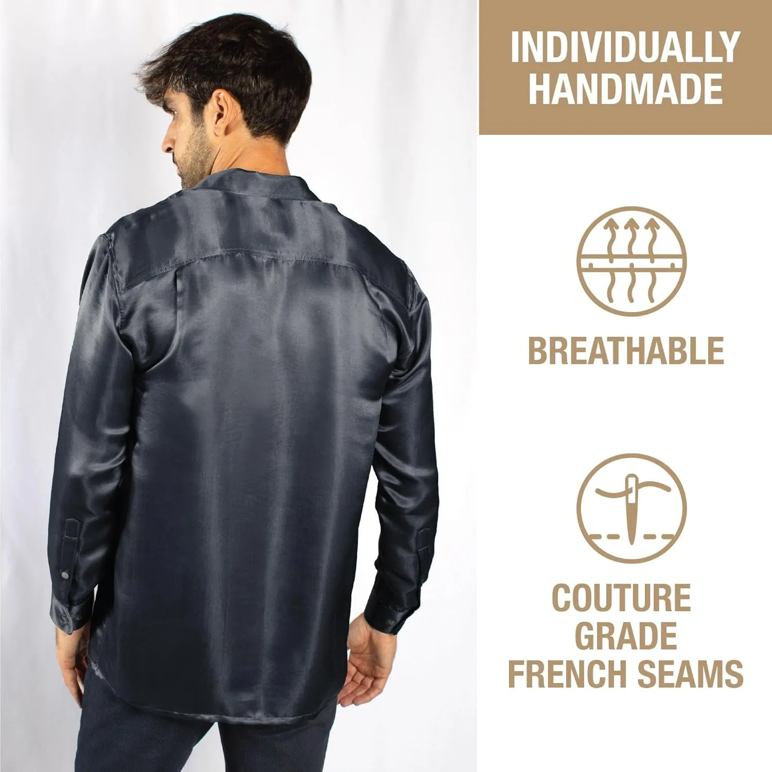 Luxury Artisan Silk Shirt for Men, Washable Pure Natural Silk 27 Mm Long Sleeves