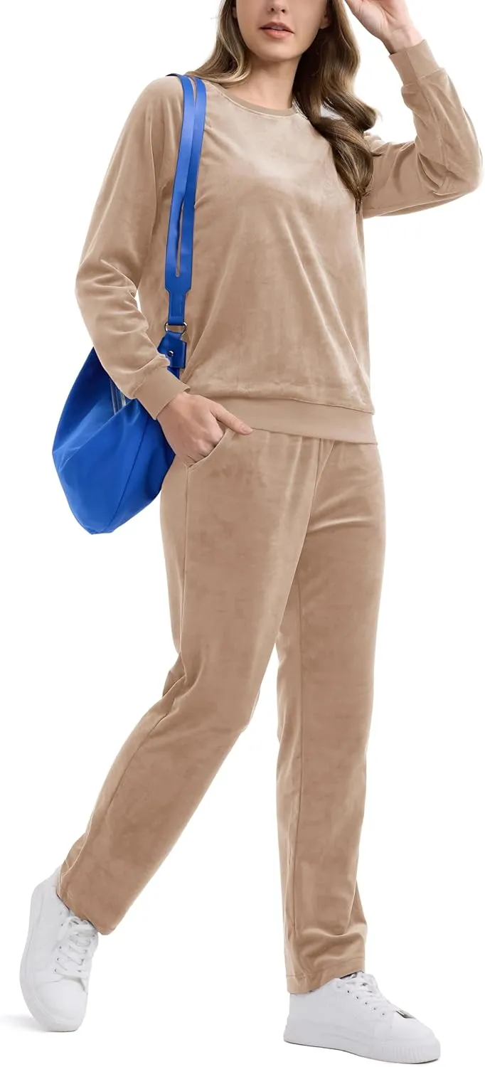 MAGCOMSEN Women's Velour Tracksuit 2 Piece Outfits Long Sleeve Sweatsuits Crewneck Pullover and Jogger Pants Lounge Sets