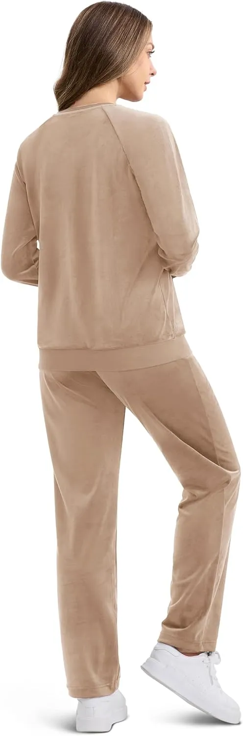 MAGCOMSEN Women's Velour Tracksuit 2 Piece Outfits Long Sleeve Sweatsuits Crewneck Pullover and Jogger Pants Lounge Sets