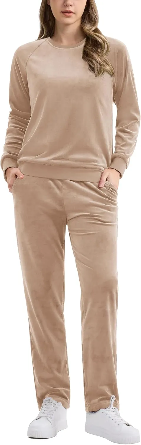 MAGCOMSEN Women's Velour Tracksuit 2 Piece Outfits Long Sleeve Sweatsuits Crewneck Pullover and Jogger Pants Lounge Sets