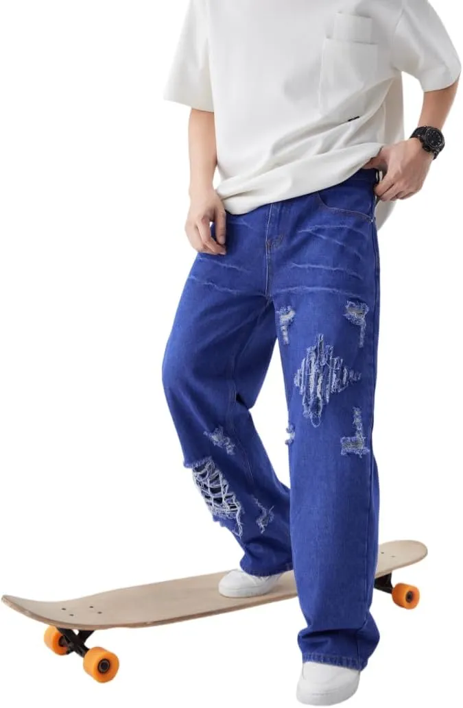 Men's Baggy Jeans Y2K Vintage Distressed Ripped Wide Leg Denim Pants Hip Hop Casual Loose Fit Streetwear Trousers