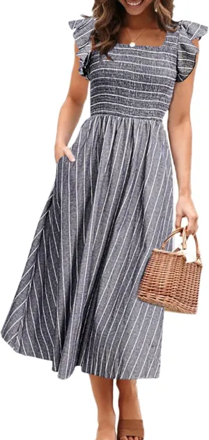 Miessial Womens Casual Summer Midi Dress Short Sleeve Smocked Linen Dresses 2025 Boho Beach Wedding Guest Dress with Pockets