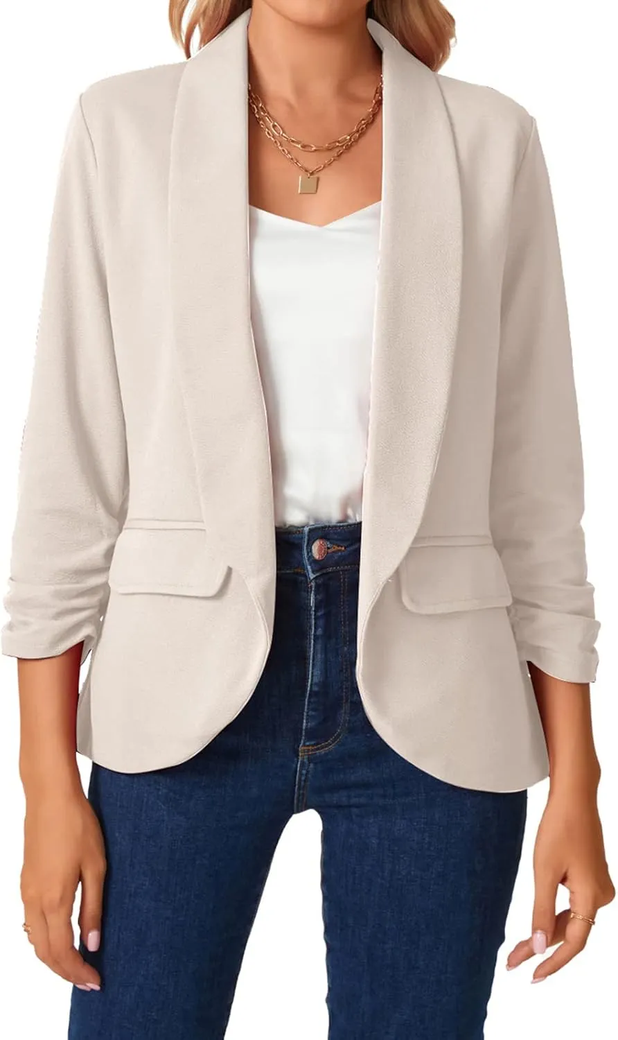 MINTLIMIT Womens Blazer 3/4 Ruched Sleeve Shawl Collar Business Work Blazers Open Front Casual Jackets with Pockets