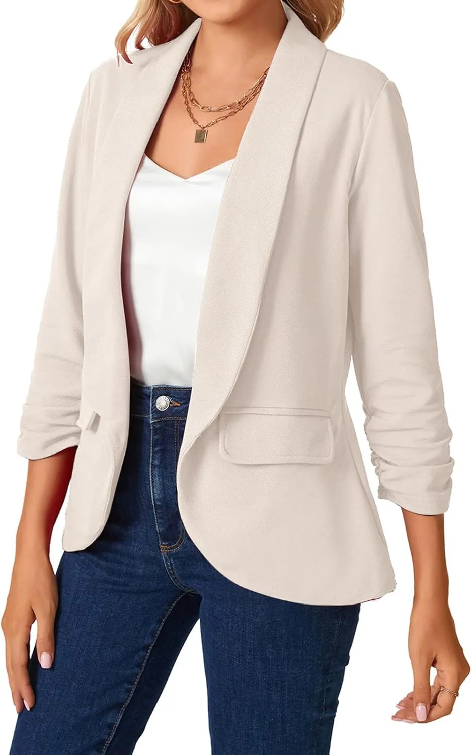 MINTLIMIT Womens Blazer 3/4 Ruched Sleeve Shawl Collar Business Work Blazers Open Front Casual Jackets with Pockets