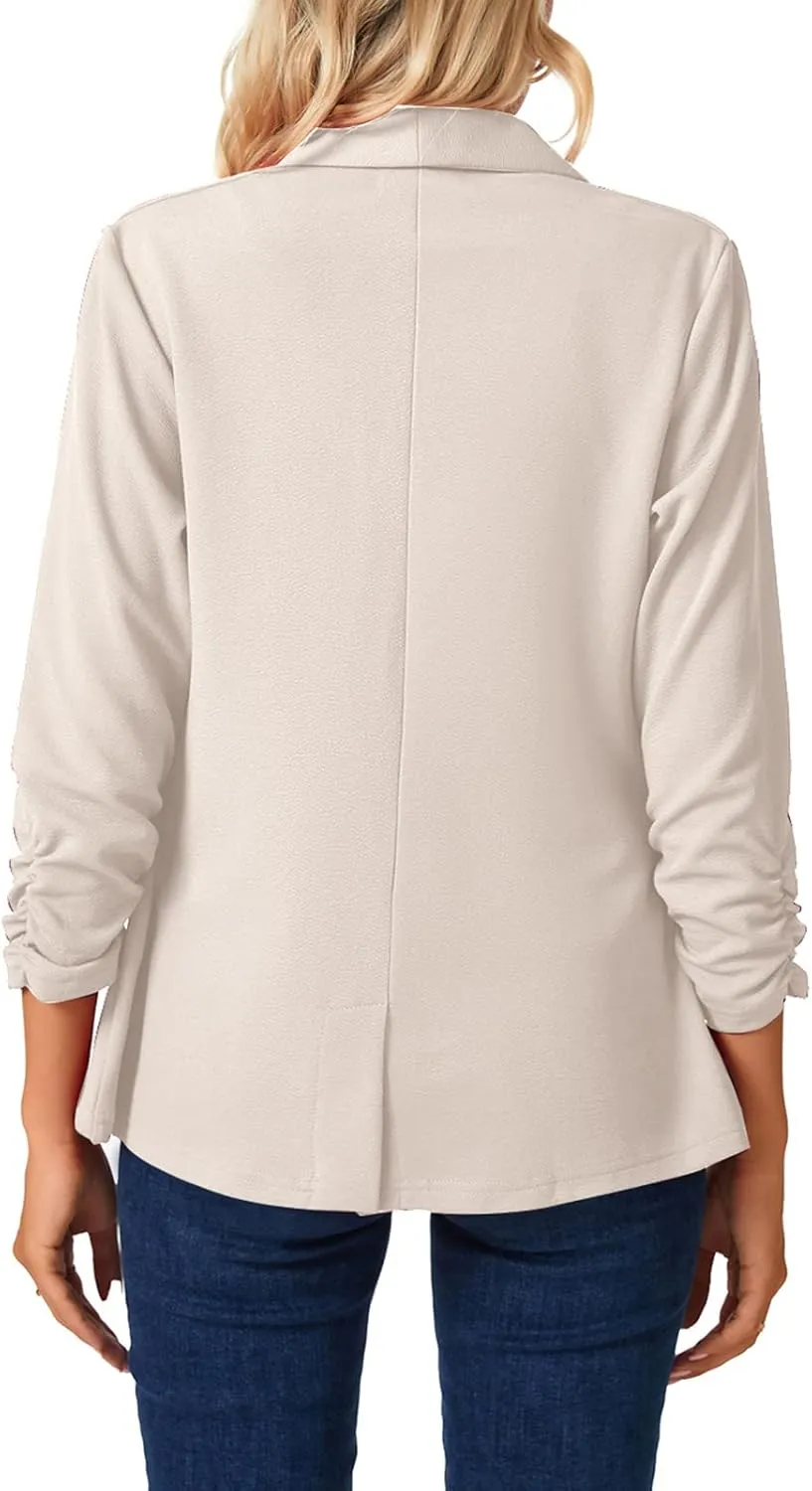 MINTLIMIT Womens Blazer 3/4 Ruched Sleeve Shawl Collar Business Work Blazers Open Front Casual Jackets with Pockets
