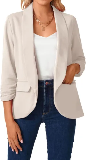 MINTLIMIT Womens Blazer 3/4 Ruched Sleeve Shawl Collar Business Work Blazers Open Front Casual Jackets with Pockets