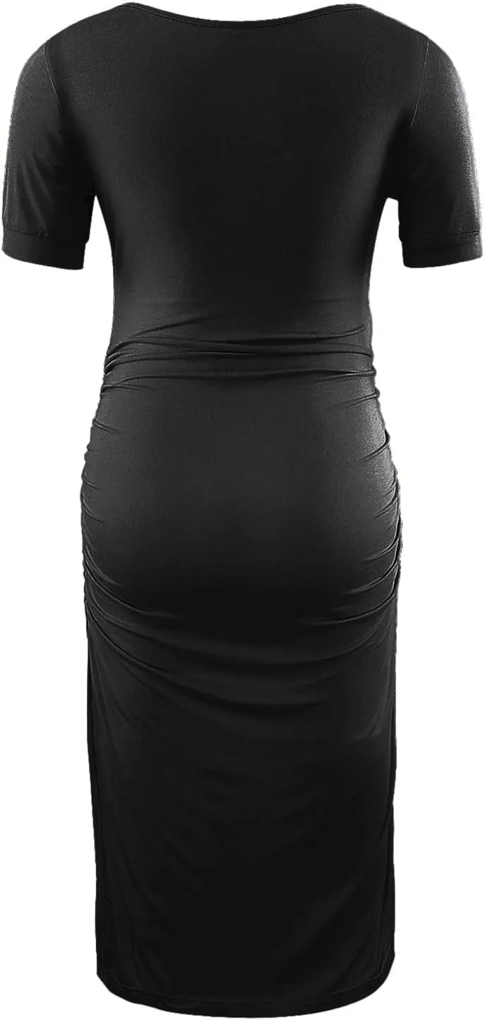 MUSIDORA Solid Color & Floral Side Ruch Maternity Dress/Short Sleeve Bodycon Dress Baby Shower Daily Wear