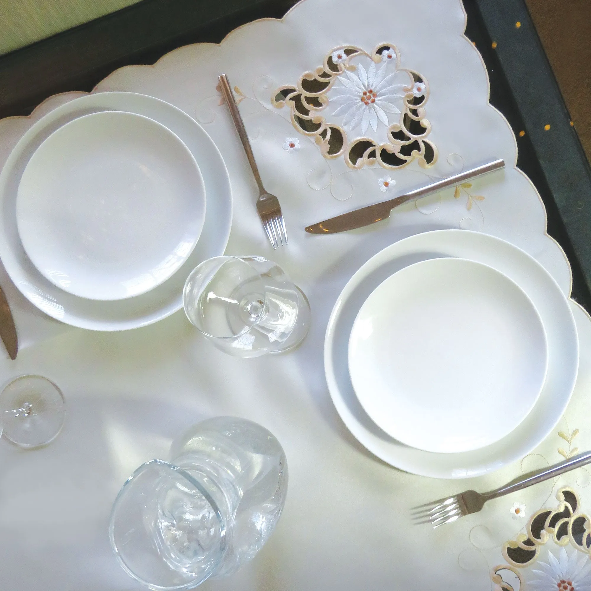 Natural Floral Embroidered Tablecloth Overlay