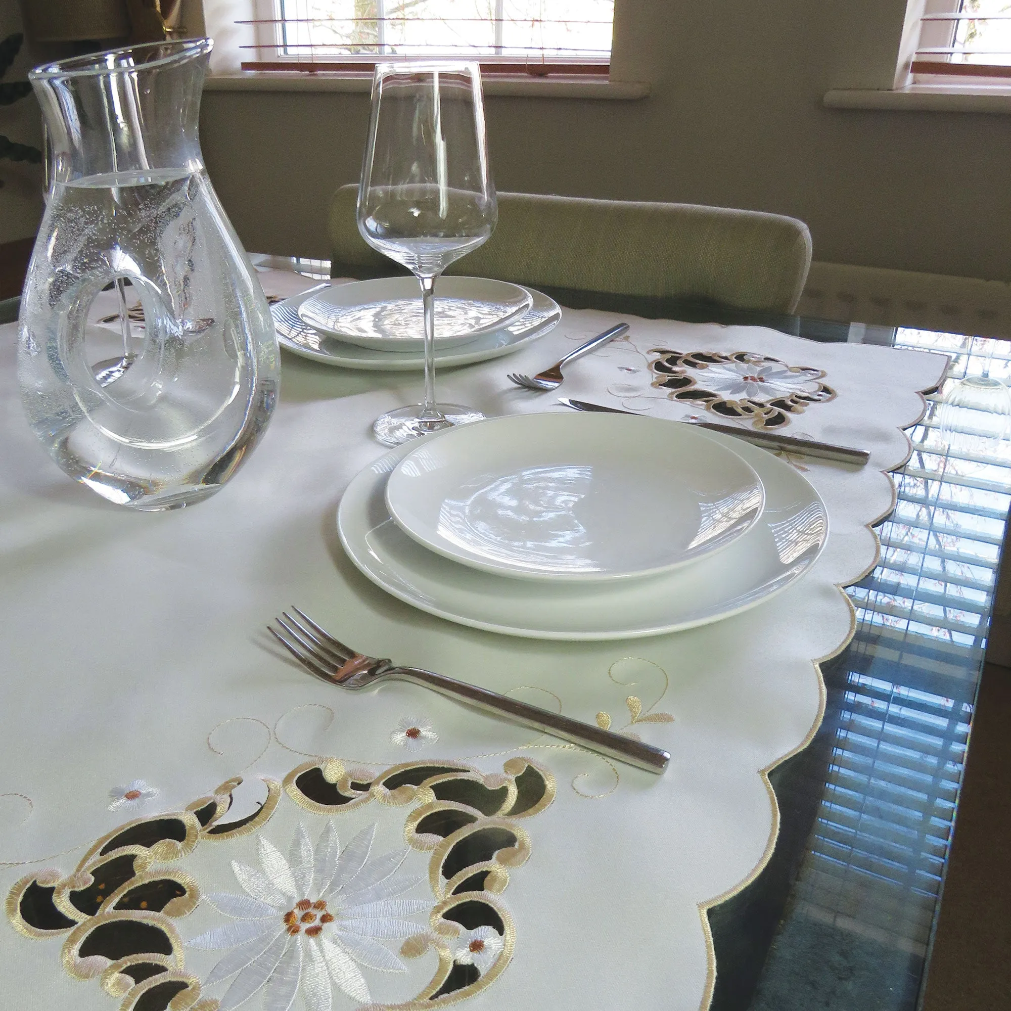 Natural Floral Embroidered Tablecloth Overlay