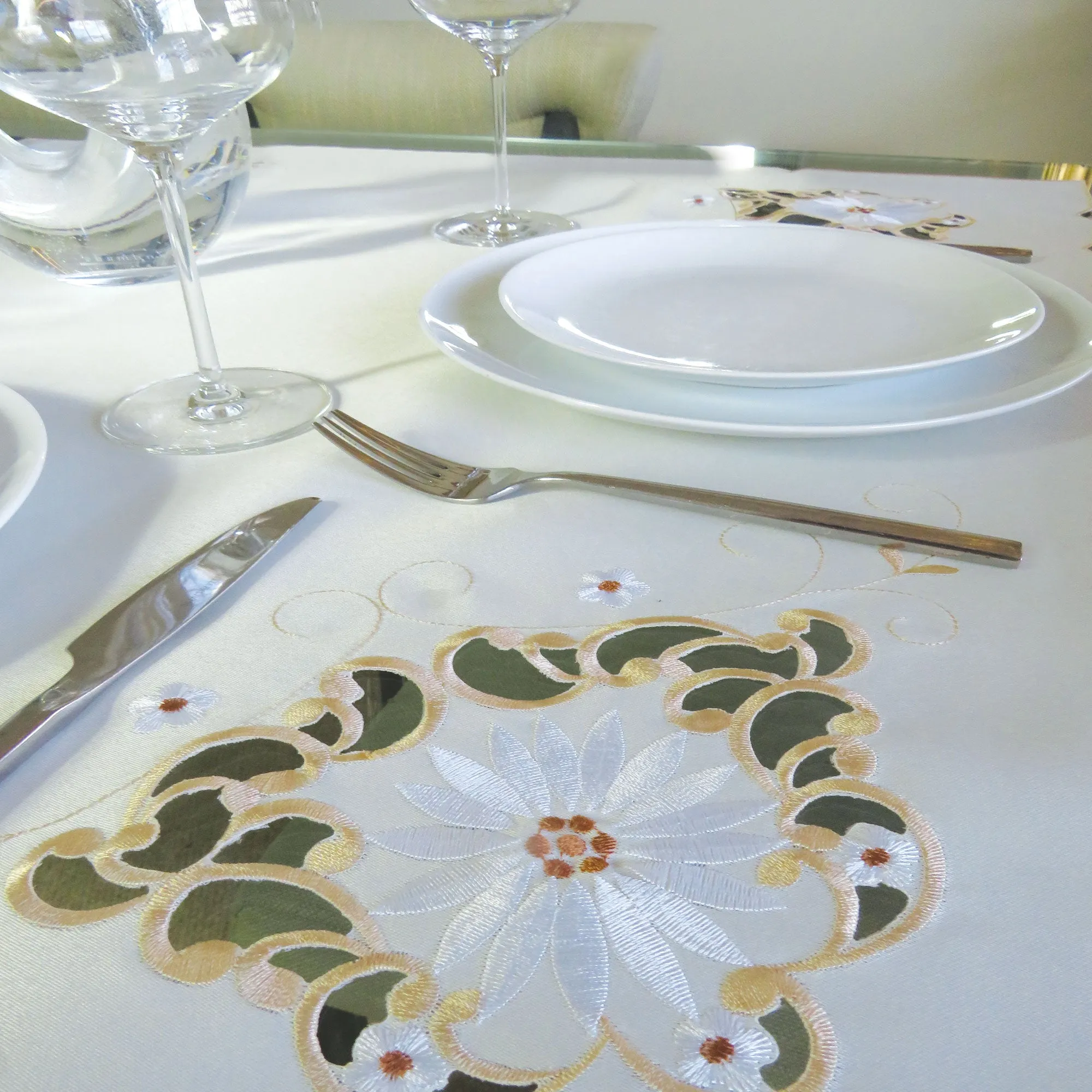 Natural Floral Embroidered Tablecloth Overlay