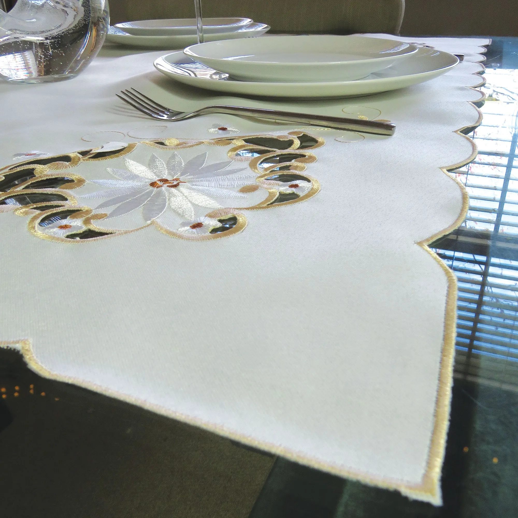 Natural Floral Embroidered Tablecloth Overlay