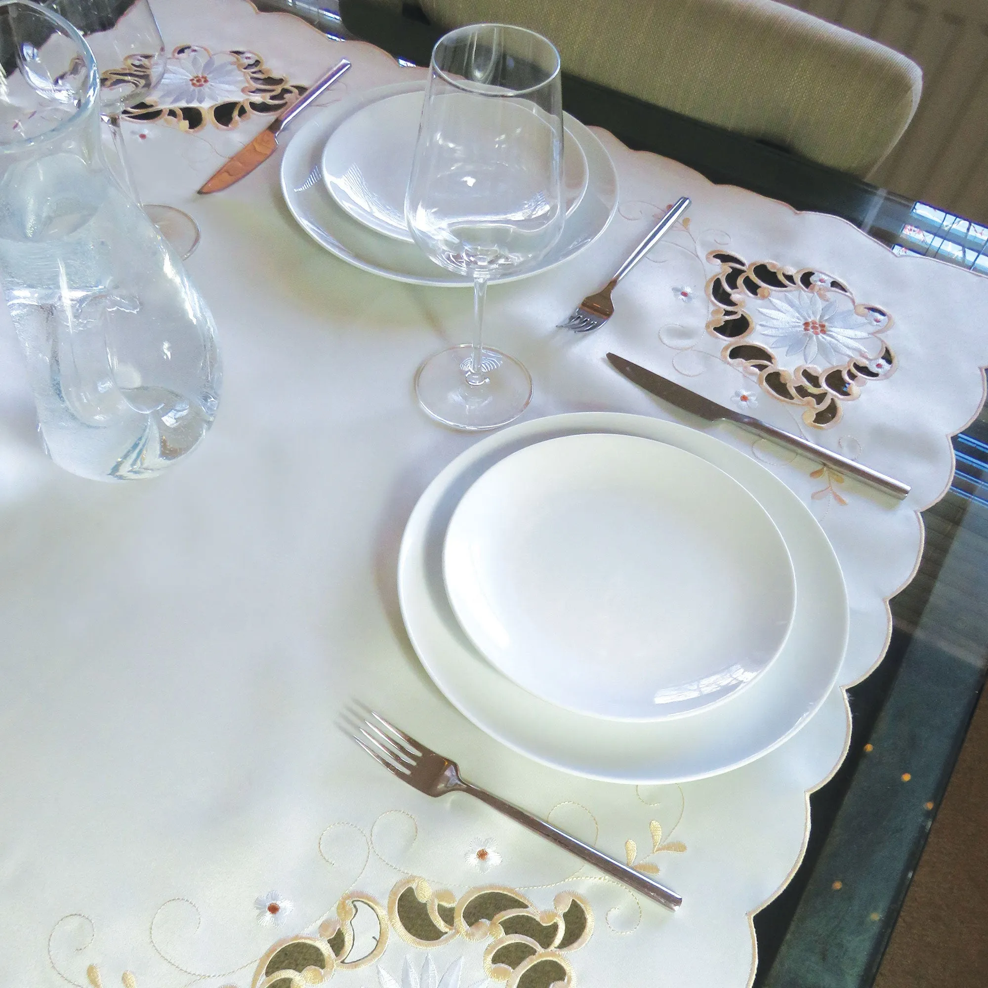 Natural Floral Embroidered Tablecloth Overlay
