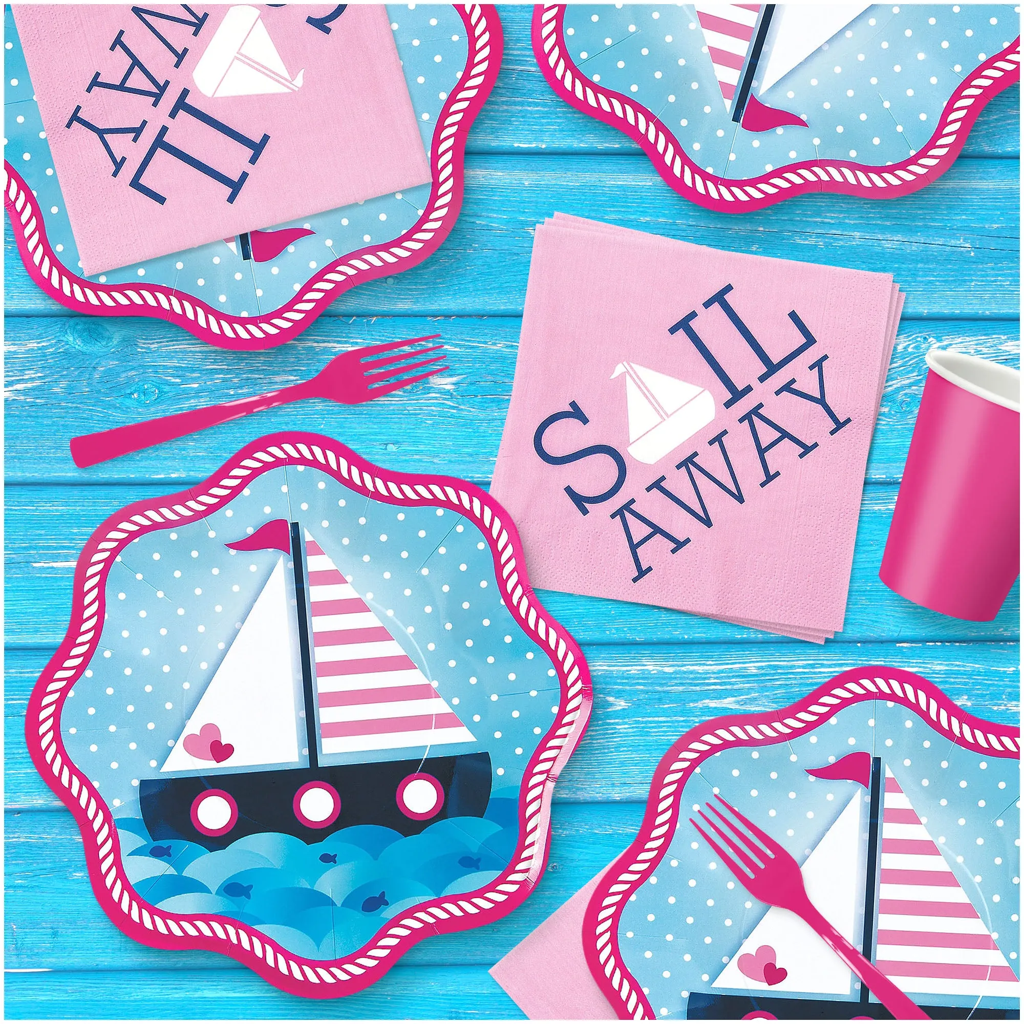 Nautical Girl Pink and Navy Paper Dinner Plates and Sail Away Luncheon Napkins (Serves 16)