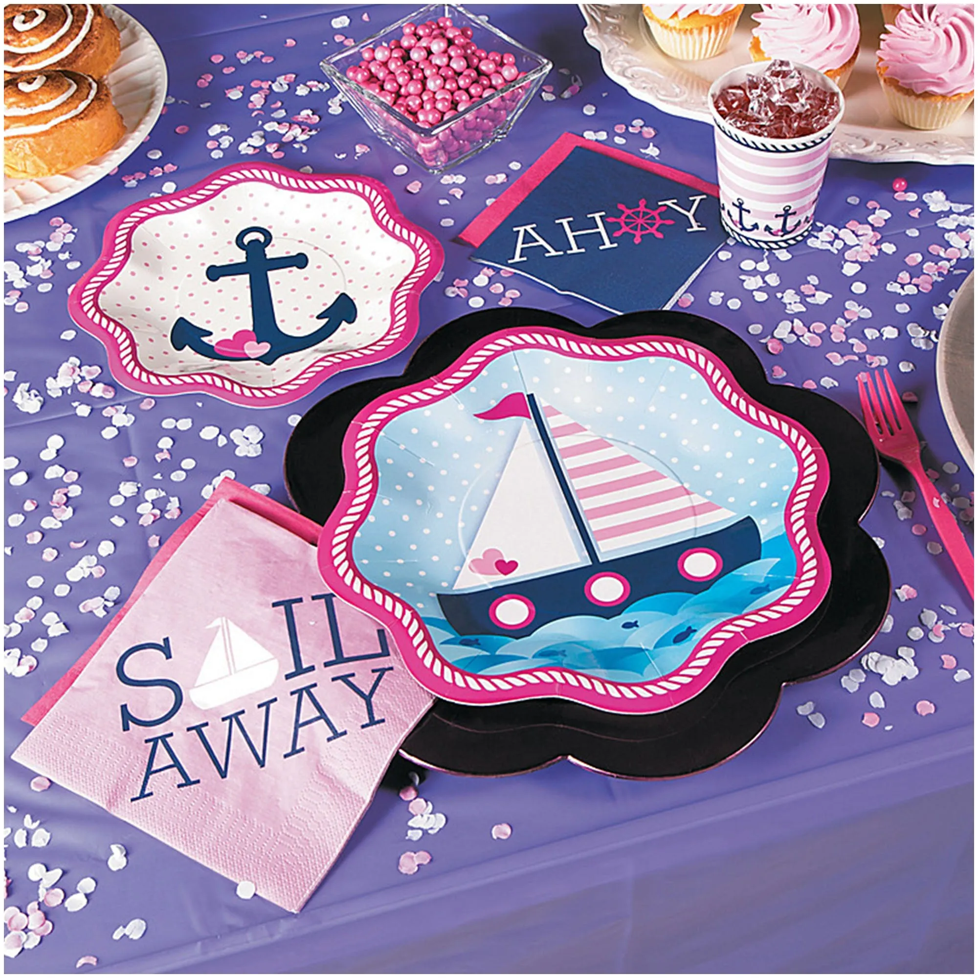 Nautical Girl Pink and Navy Paper Dinner Plates and Sail Away Luncheon Napkins (Serves 16)