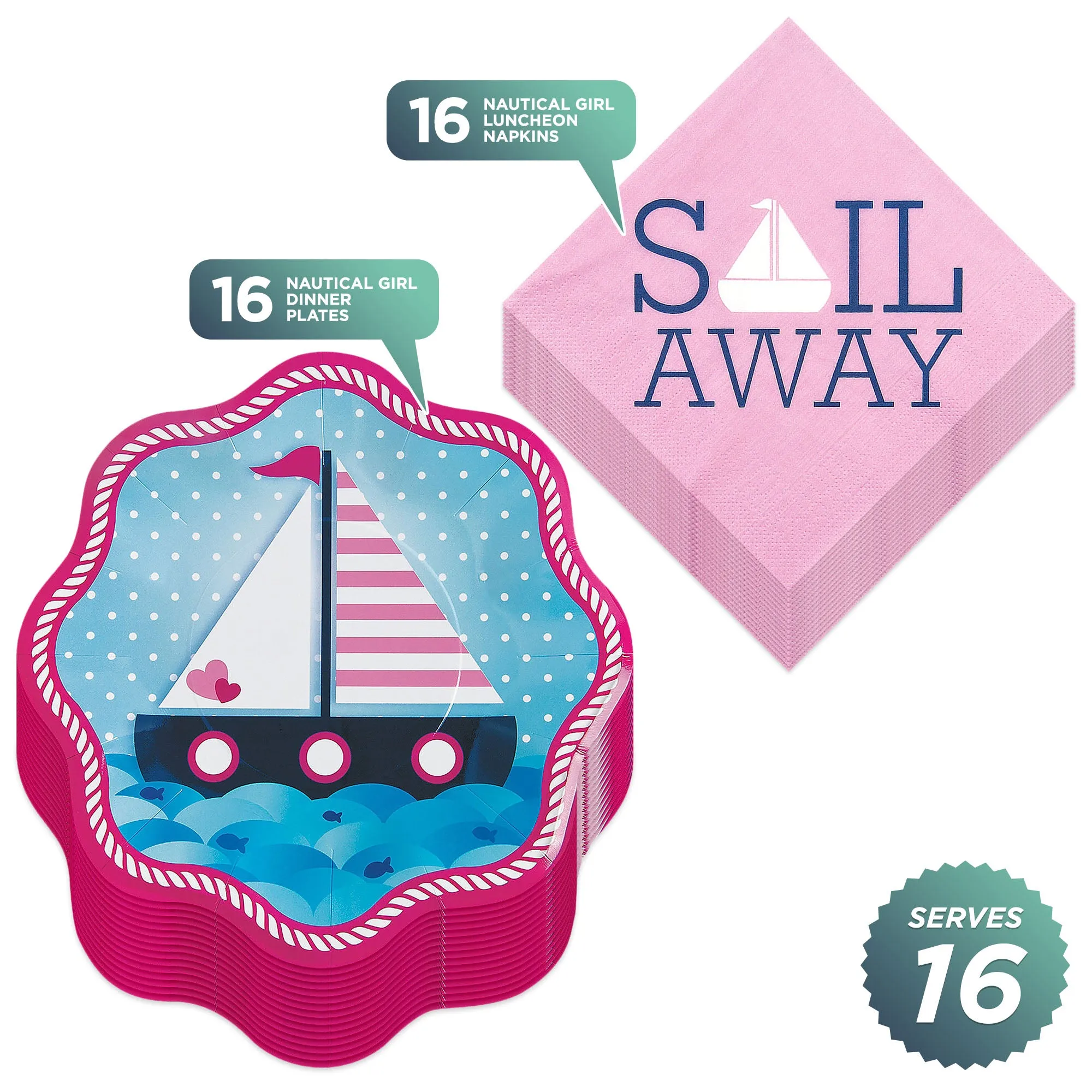 Nautical Girl Pink and Navy Paper Dinner Plates and Sail Away Luncheon Napkins (Serves 16)