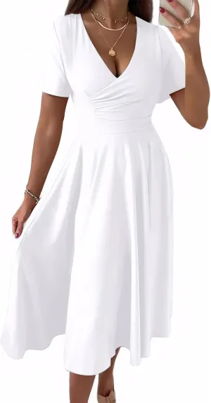Nmoder Casual Wrap Midi Dresses for Women Wedding Guest Cocktail Tea A-Line Swing Dresses V Neck Short Sleeve with Pockets