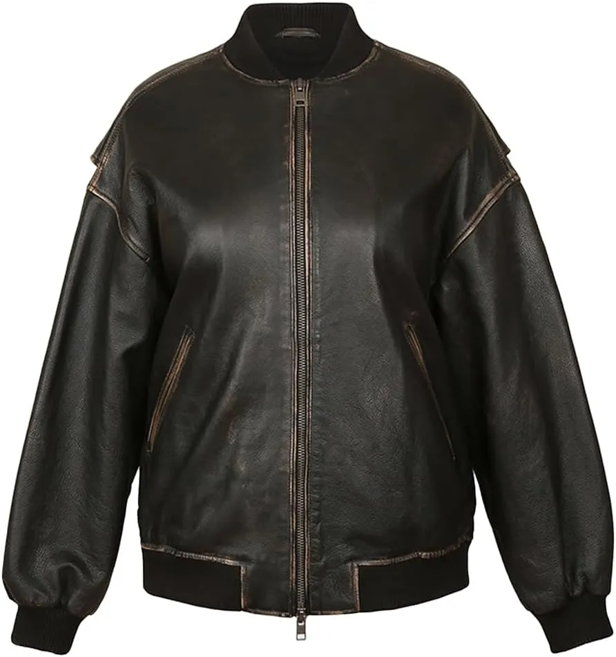 Novado Women Oversized Leather Bomber Jacket Straight Vintage Varsity Genuine Leather Moto Jacket