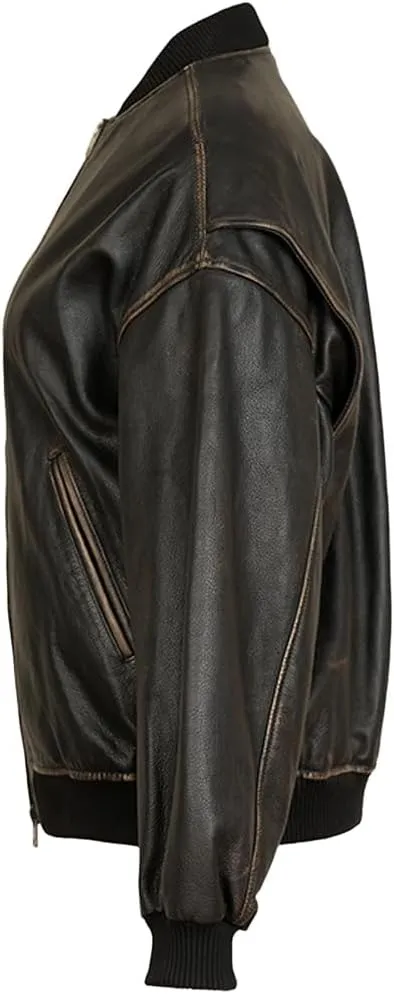 Novado Women Oversized Leather Bomber Jacket Straight Vintage Varsity Genuine Leather Moto Jacket