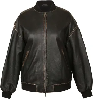 Novado Women Oversized Leather Bomber Jacket Straight Vintage Varsity Genuine Leather Moto Jacket