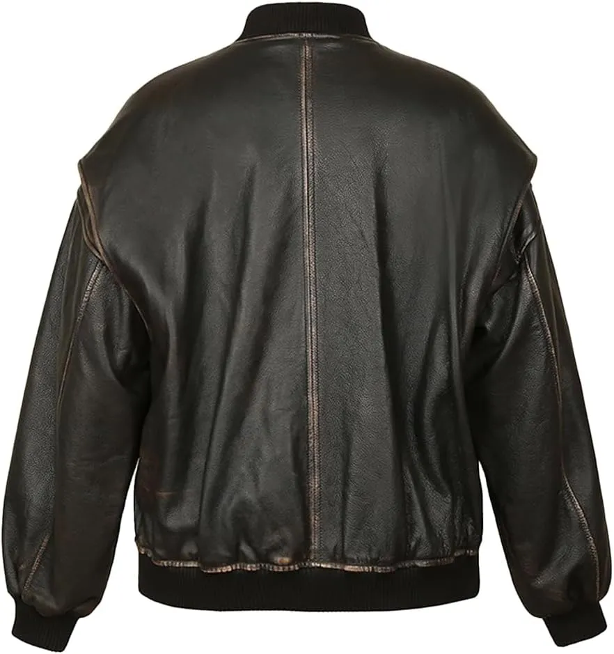 Novado Women Oversized Leather Bomber Jacket Straight Vintage Varsity Genuine Leather Moto Jacket