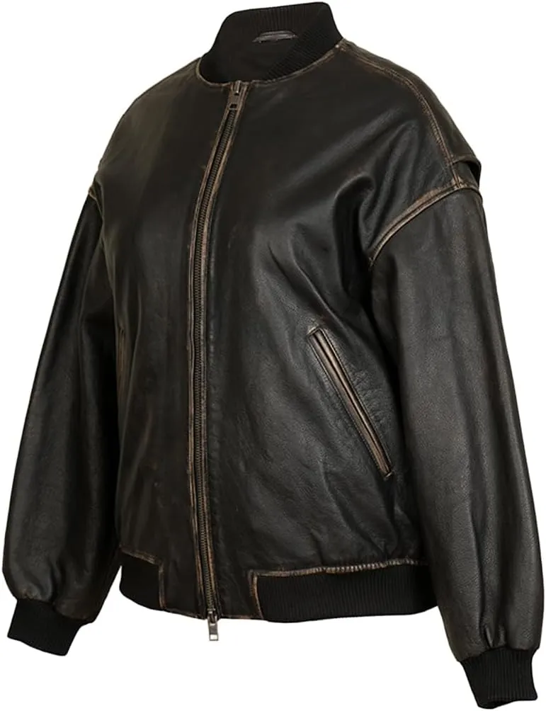 Novado Women Oversized Leather Bomber Jacket Straight Vintage Varsity Genuine Leather Moto Jacket