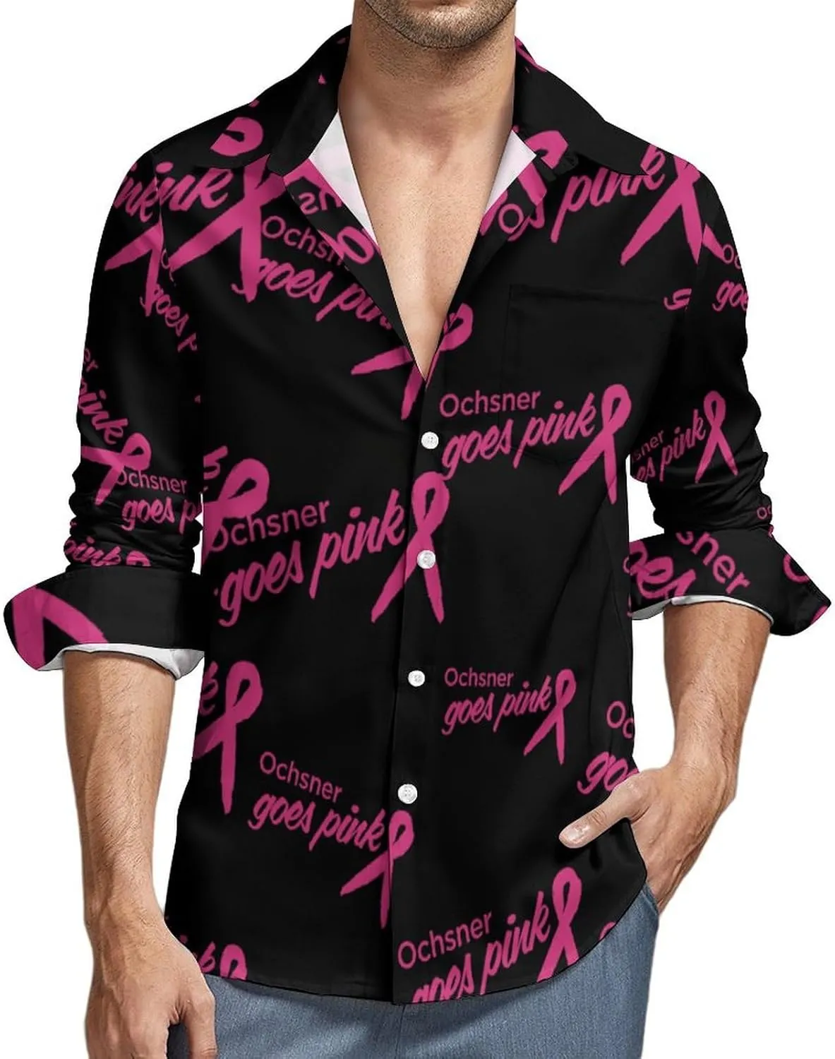 Ochsner Goes Pink Long Sleeve Hawaiian Shirt Men Casual Button Down Cuban Collar Beach Shirts