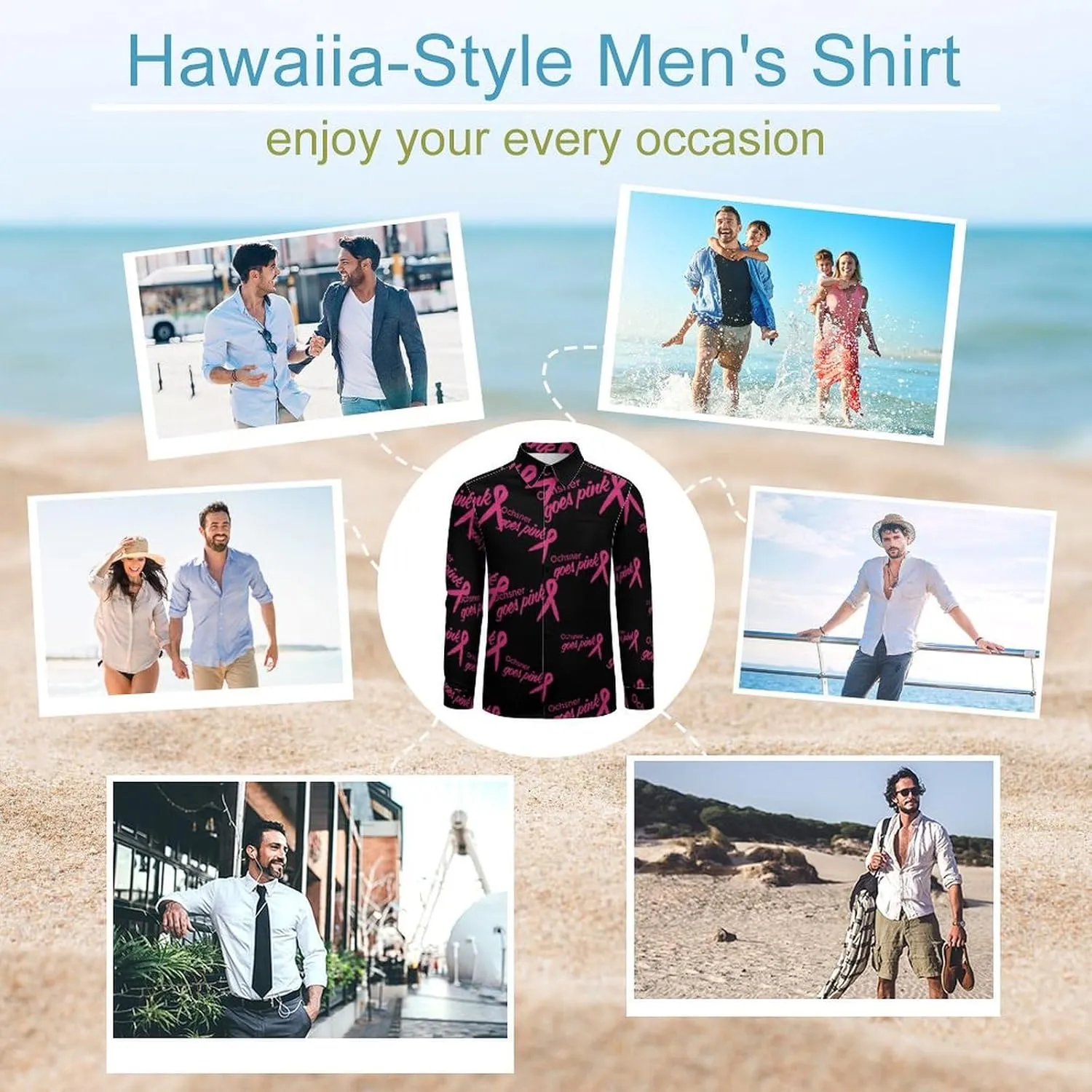 Ochsner Goes Pink Long Sleeve Hawaiian Shirt Men Casual Button Down Cuban Collar Beach Shirts