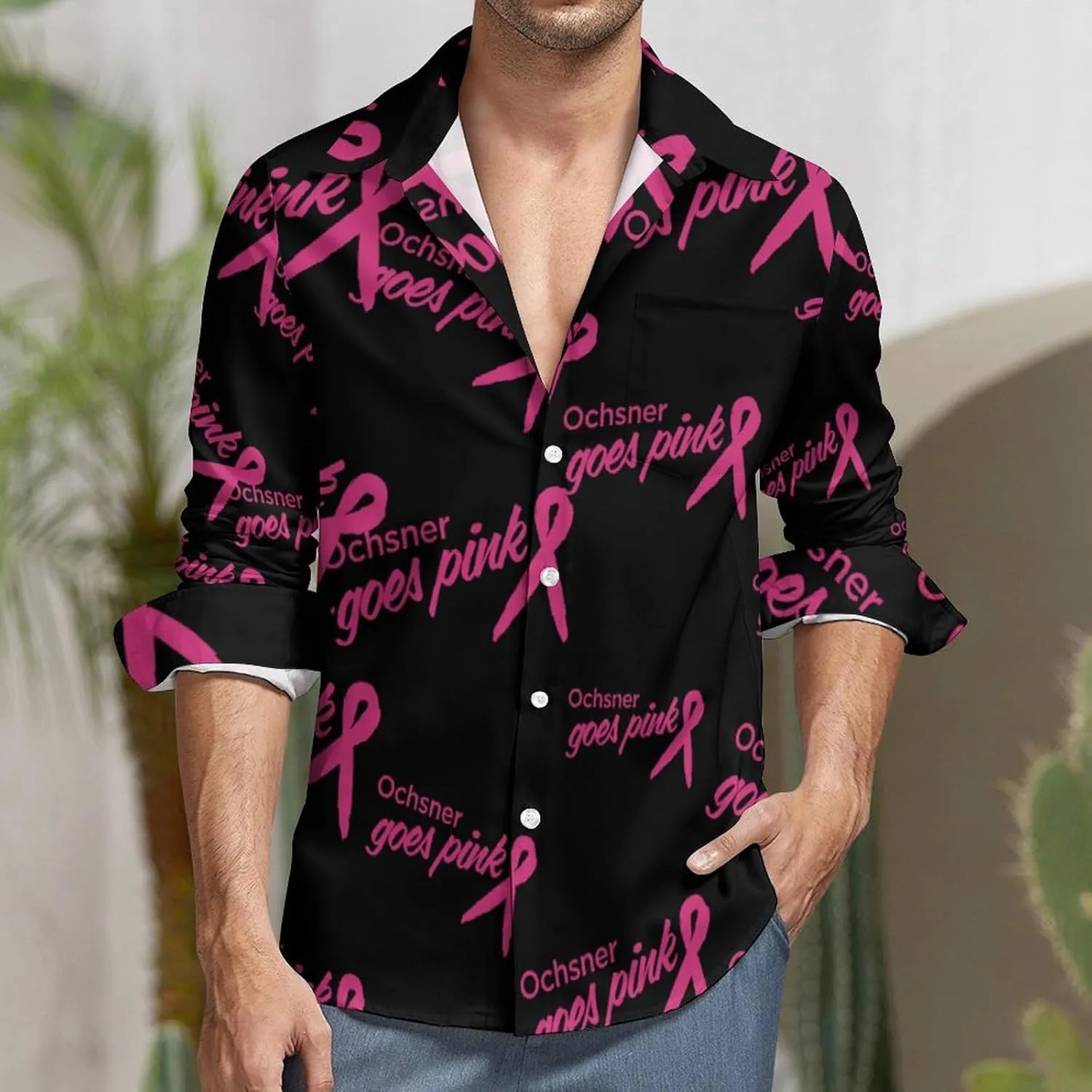 Ochsner Goes Pink Long Sleeve Hawaiian Shirt Men Casual Button Down Cuban Collar Beach Shirts